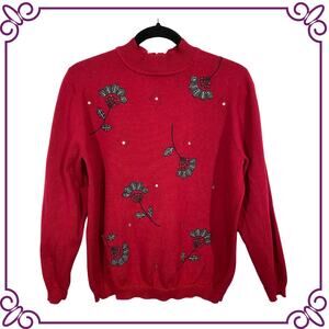 Alfred Dunner Red Embroidered Mock Turtle Neck Long Sleeve Sweater Size Medium
